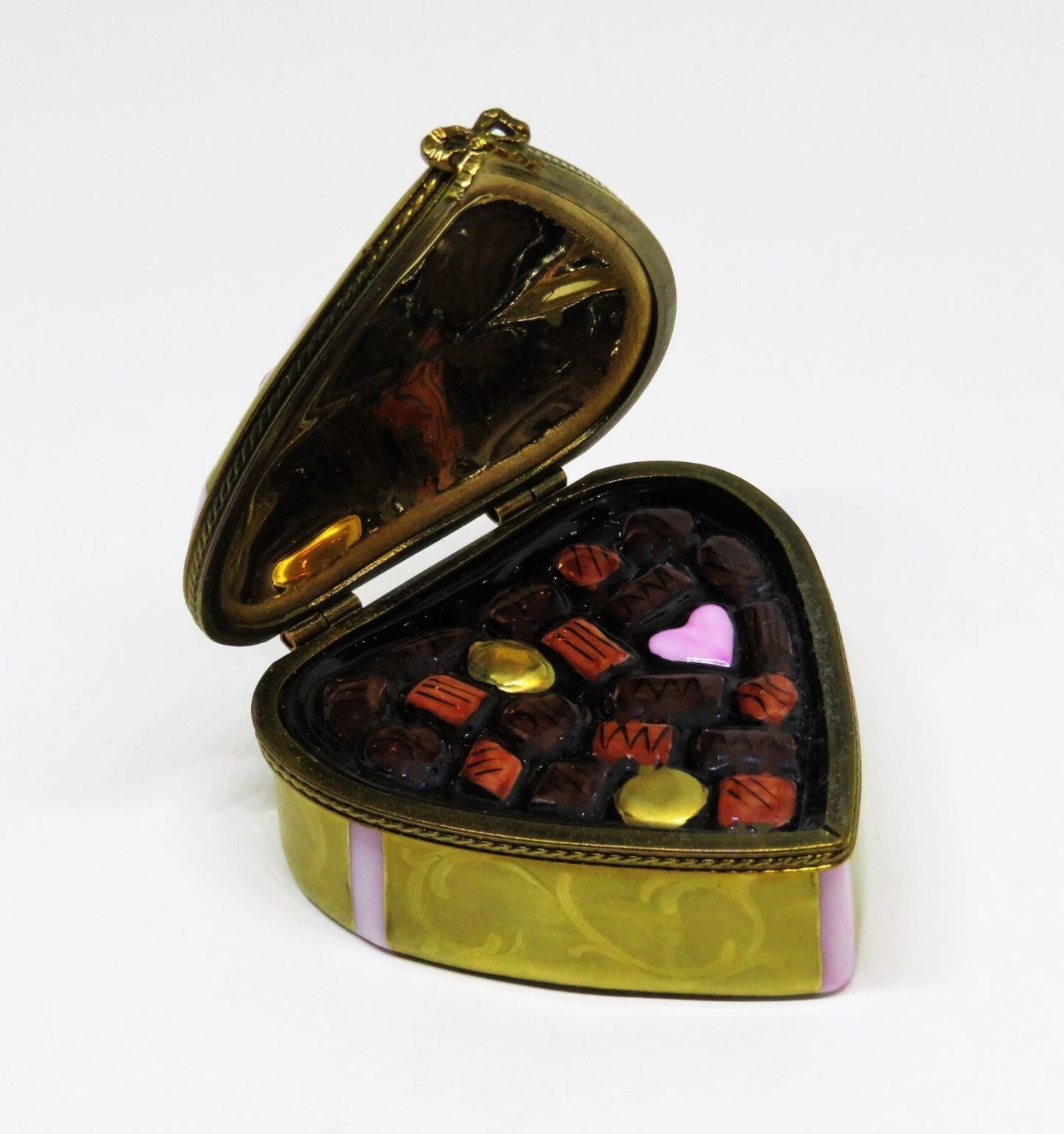 LIMOGES BOX ~ ROCHARD ~ GOLD HEART & CANDY & BOW ~ "WITH LOVE" ~ ANNIVERSARY