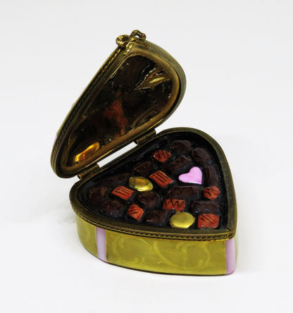LIMOGES BOX ~ ROCHARD ~ GOLD HEART & CANDY & BOW ~ "WITH LOVE" ~ ANNIVERSARY