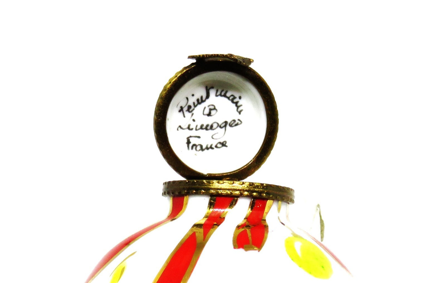 LIMOGES BOX - CHRISTMAS TREE BALL ORNAMENT - HOLLY & RIBBONS & CANDLES & GIFTS