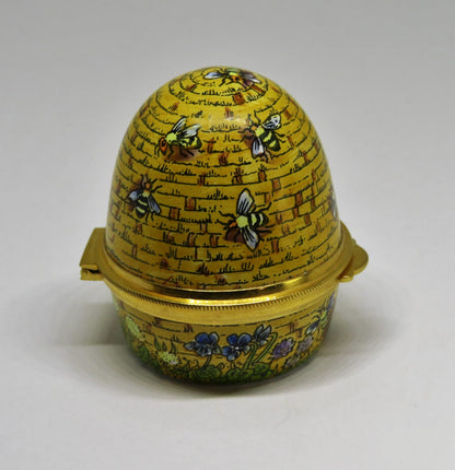 STAFFORDSHIRE ENGLISH ENAMEL BOX - VINTAGE BEEHIVE - BEE HIVE - BEES & FLOWERS