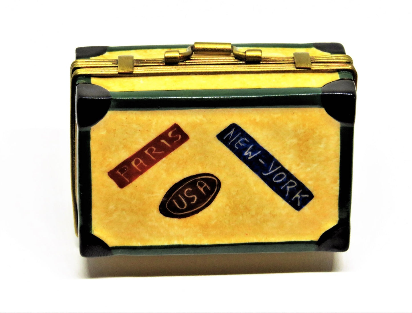 LIMOGES FRANCE BOX ~ ROCHARD ~ "BON VOYAGE" SUITCASE ~ LUGGAGE ~ TRAVEL LABELS