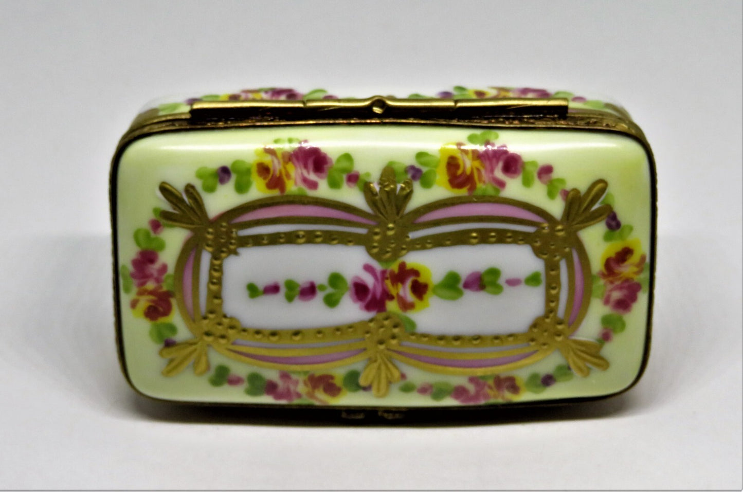 LIMOGES FRANCE BOX - FLORAL STAMP BOX - FLOWERS - ROSES - RIBBONS & TASSELS