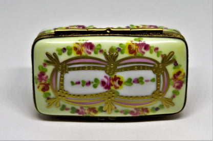 LIMOGES FRANCE BOX - FLORAL STAMP BOX - FLOWERS - ROSES - RIBBONS & TASSELS