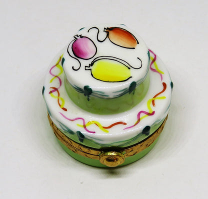 LIMOGES FRANCE BOX ~ MINT GREEN BIRTHDAY CAKE & BALLOONS ~ PEINT MAIN