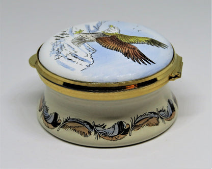 STAFFORDSHIRE ENGLISH ENAMEL BOX - AMERICAN BALD EAGLE - NATIONAL BIRD OF U. S.