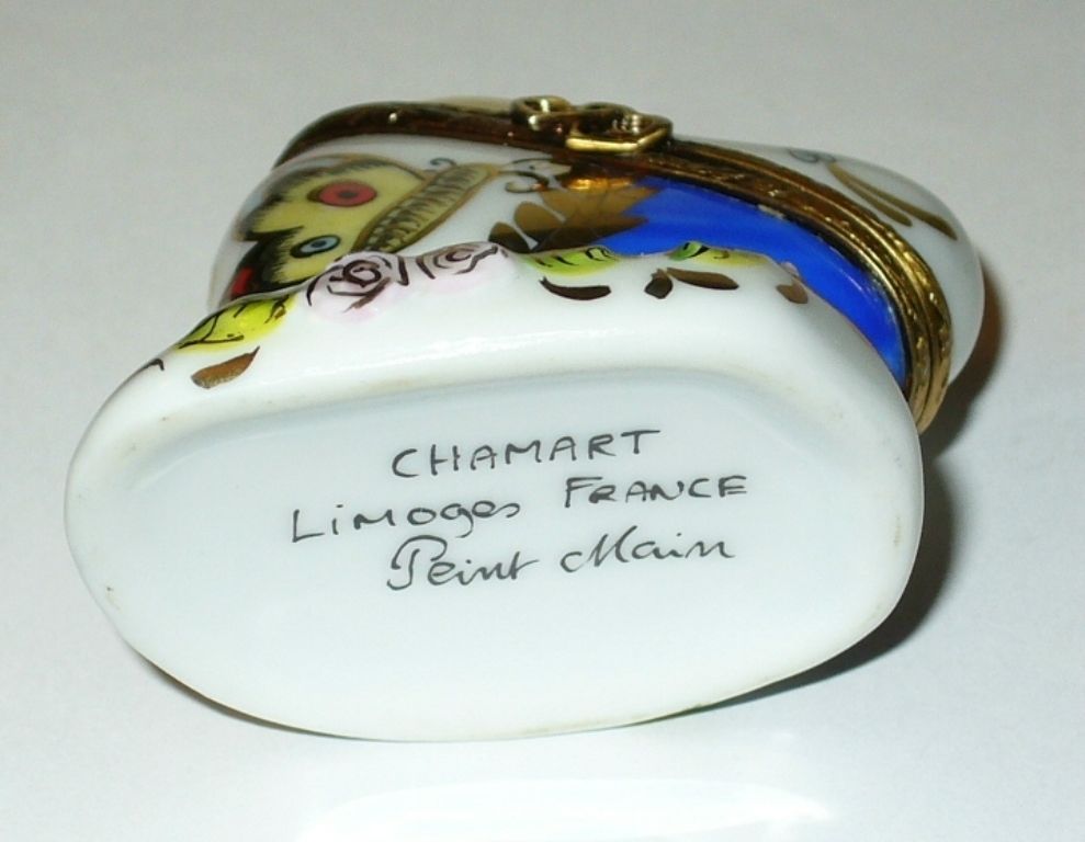LIMOGES FRANCE BOX~ CHAMART ~ LEANING HEART ~ FLOWERS & BUTTERFLY ~ ANNIVERSARY