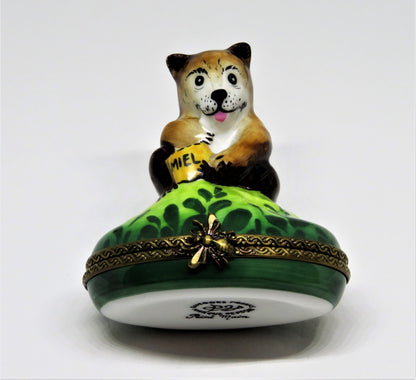 LIMOGES FRANCE BOX - PARRY-VIEILLE - BROWN BEAR & HONEY POT - "MIEL" - BEE CLASP