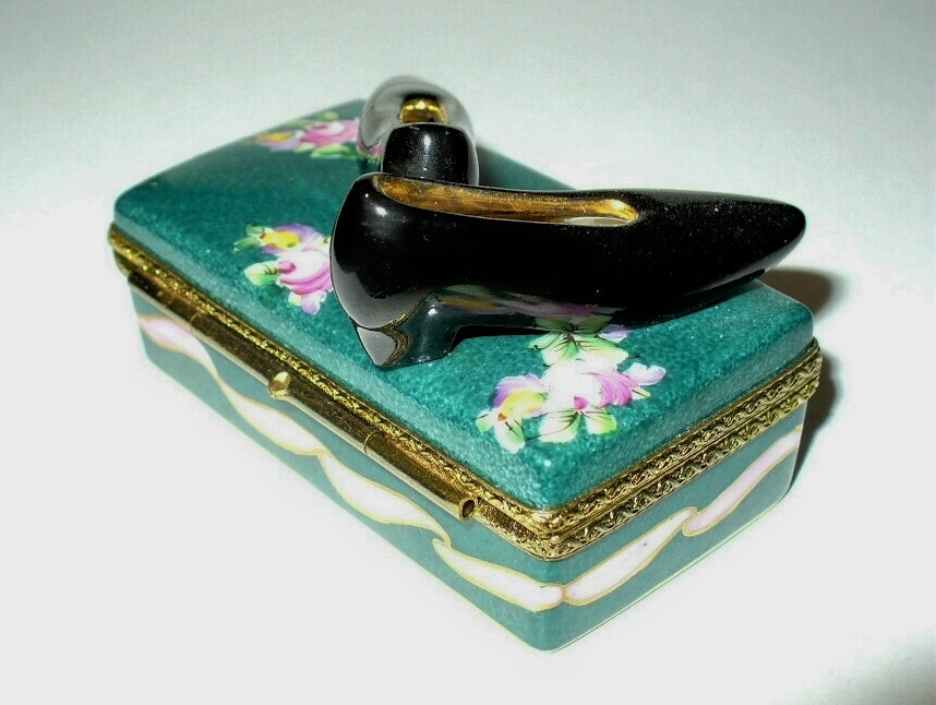 LIMOGES FRANCE BOX ~ ROCHARD ~ FLORAL SHOE BOX & BLACK HEELS ~ SHOES ~ ROSES