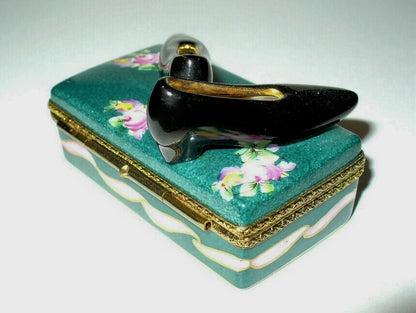 LIMOGES FRANCE BOX ~ ROCHARD ~ FLORAL SHOE BOX & BLACK HEELS ~ SHOES ~ ROSES