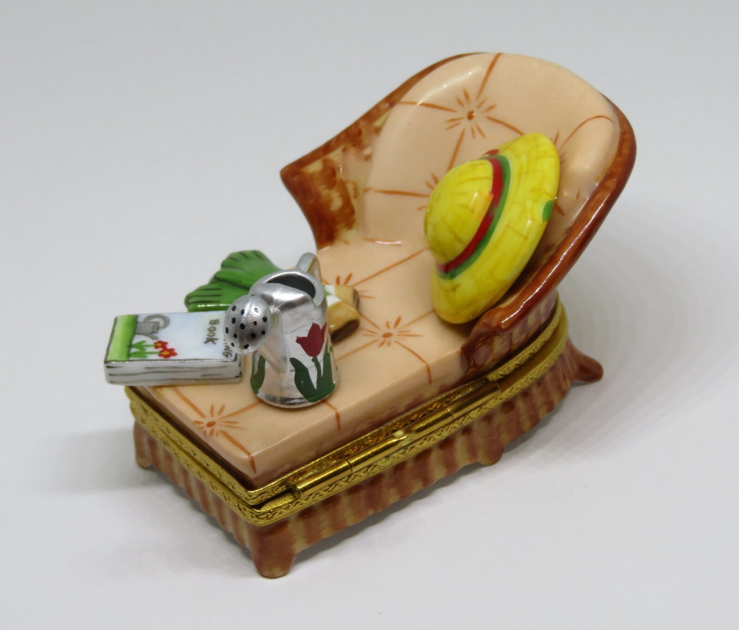 LIMOGES BOX - GARDEN CHAIR - HAT & RUBBER GLOVES & WATERING CAN & GARDENING BOOK