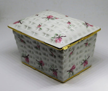 LIMOGES FRANCE TWO PIECE BOX ~ 'WOVEN WICKER' WITH PINK FLOWERS & BUDS