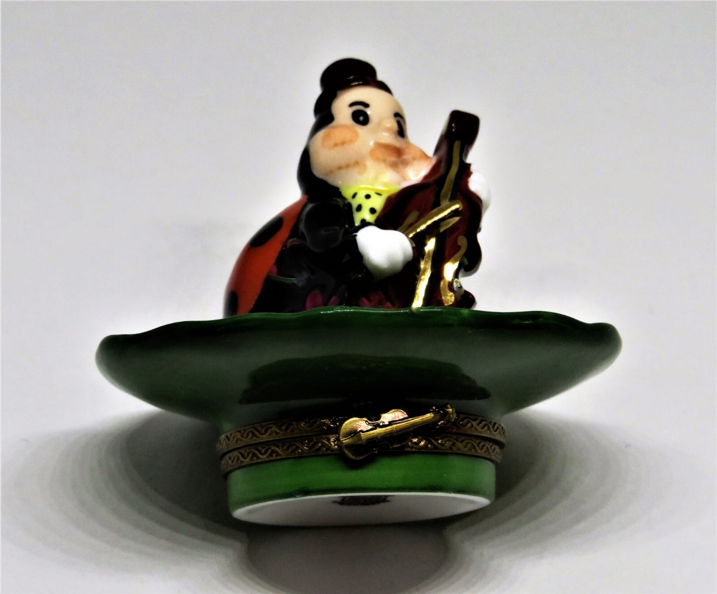 LIMOGES FRANCE BOX - WHIMSICAL LADYBUG PLAYING THE CELLO ON A LEAF - MUSIC