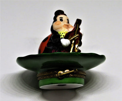 LIMOGES FRANCE BOX - WHIMSICAL LADYBUG PLAYING THE CELLO ON A LEAF - MUSIC