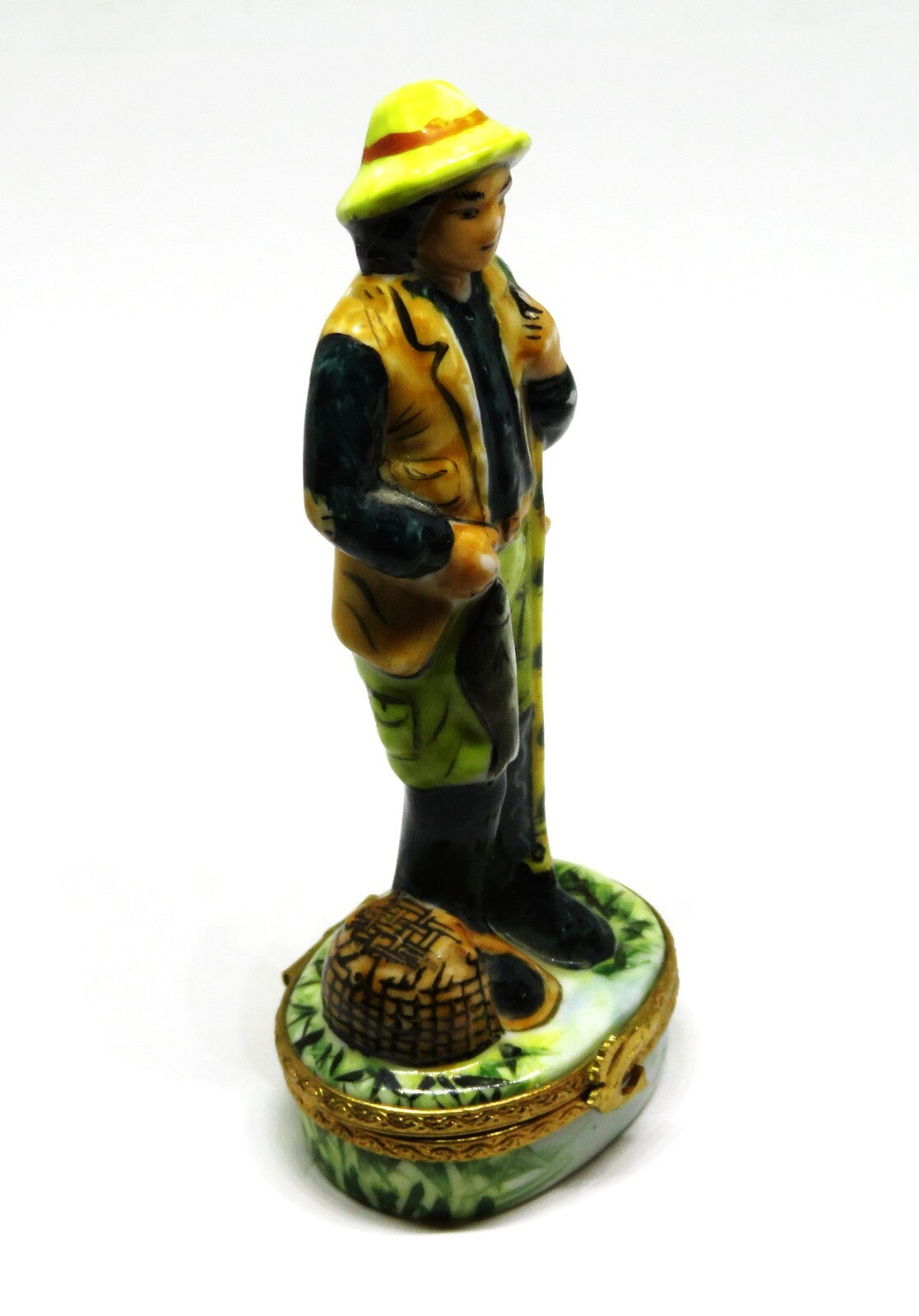 LIMOGES FRANCE BOX ~ FISHERMAN ~ ROD & CREEL & FISH ~ PEINT MAIN - PEINT MAIN