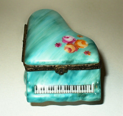 LIMOGES FRANCE BOX~ TEAL GRAND PIANO & FLOWERS ~ ROSES ~ SHEET MUSIC ~PEINT MAIN