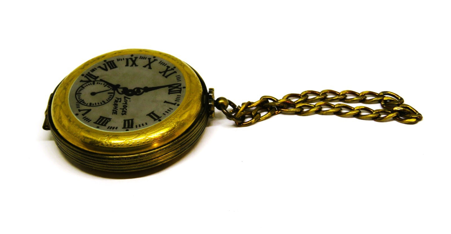 LIMOGES FRANCE BOX - GR - VINTAGE GOLD POCKET WATCH & CHAIN - "ENJOY THE MOMENT"