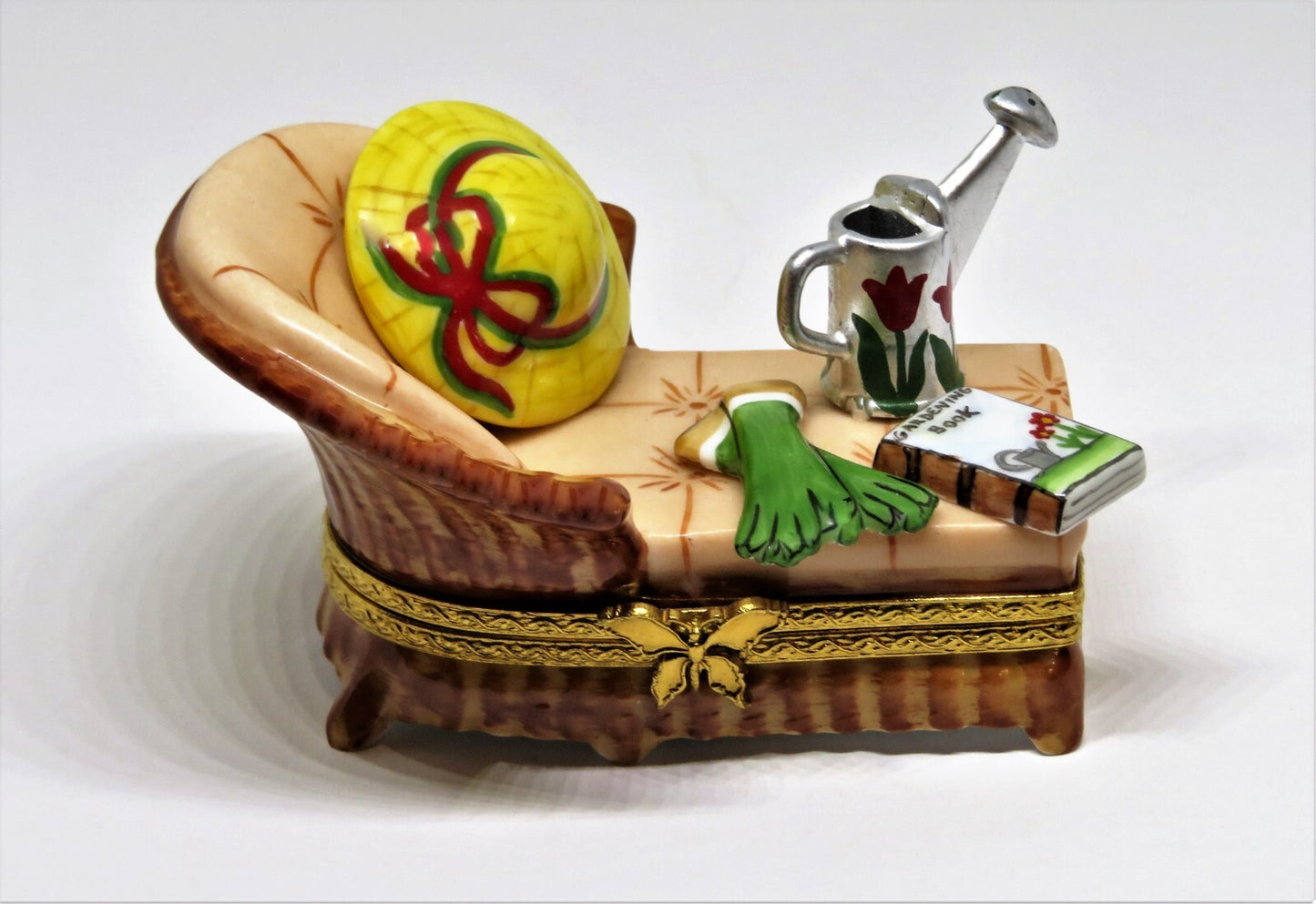 LIMOGES BOX - GARDEN CHAIR - HAT & RUBBER GLOVES & WATERING CAN & GARDENING BOOK