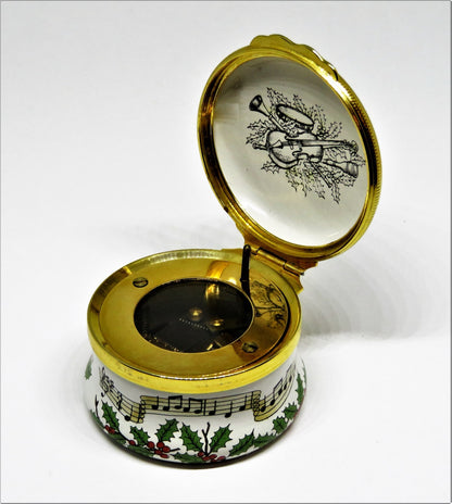 HALCYON DAYS ENAMEL MUSIC BOX - "WE WISH YOU A MERRY CHRISTMAS" - HOLLY - MIB