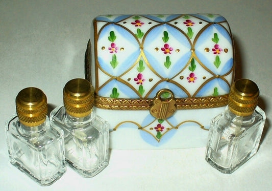 LIMOGES FRANCE BOX~ DUBARRY ~ CHEST & 3  PERFUME BOTTLES ~ FLOWERS ~ PEINT MAIN
