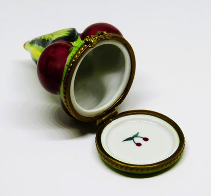 LIMOGES FRANCE BOX - RIPE RED CHERRIES ON A STEM & LEAVES - CHERRY - FRUITS