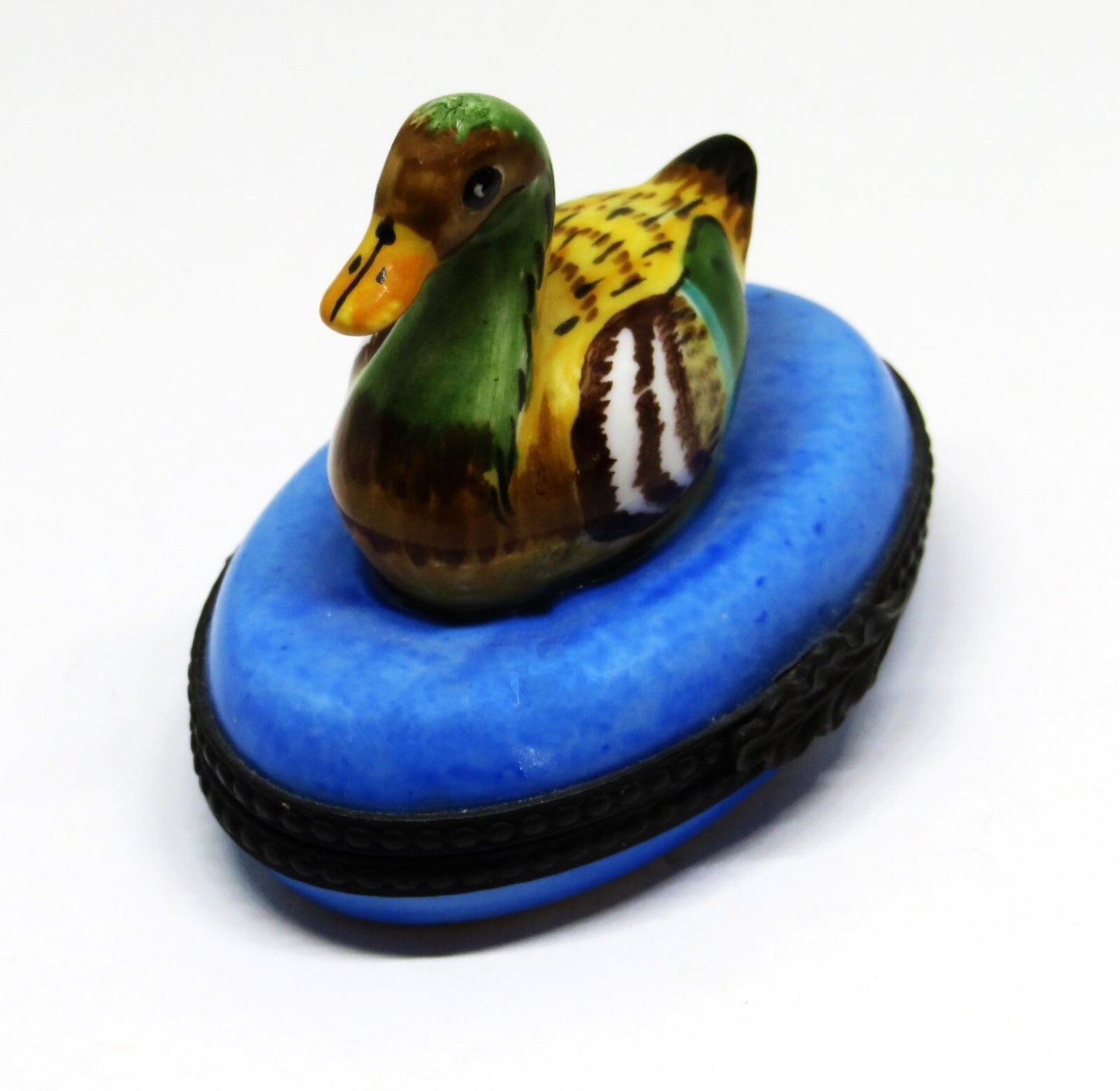 LIMOGES FRANCE BOX - COLORFUL MALLARD DUCK IN BLUE POND - REEDS & CATTAIL INSIDE