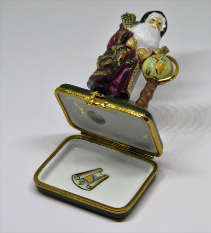 LIMOGES FRANCE BOX- CHRISTMAS - LYNN HANEY - "GLOBE SANTA CLAUS" - MAPS & WREATH