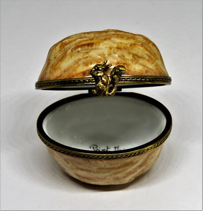 LIMOGES FRANCE BOX - VINTAGE WALNUT SHELL - NUT - SQUIRREL CLASP - BRANCH INSIDE