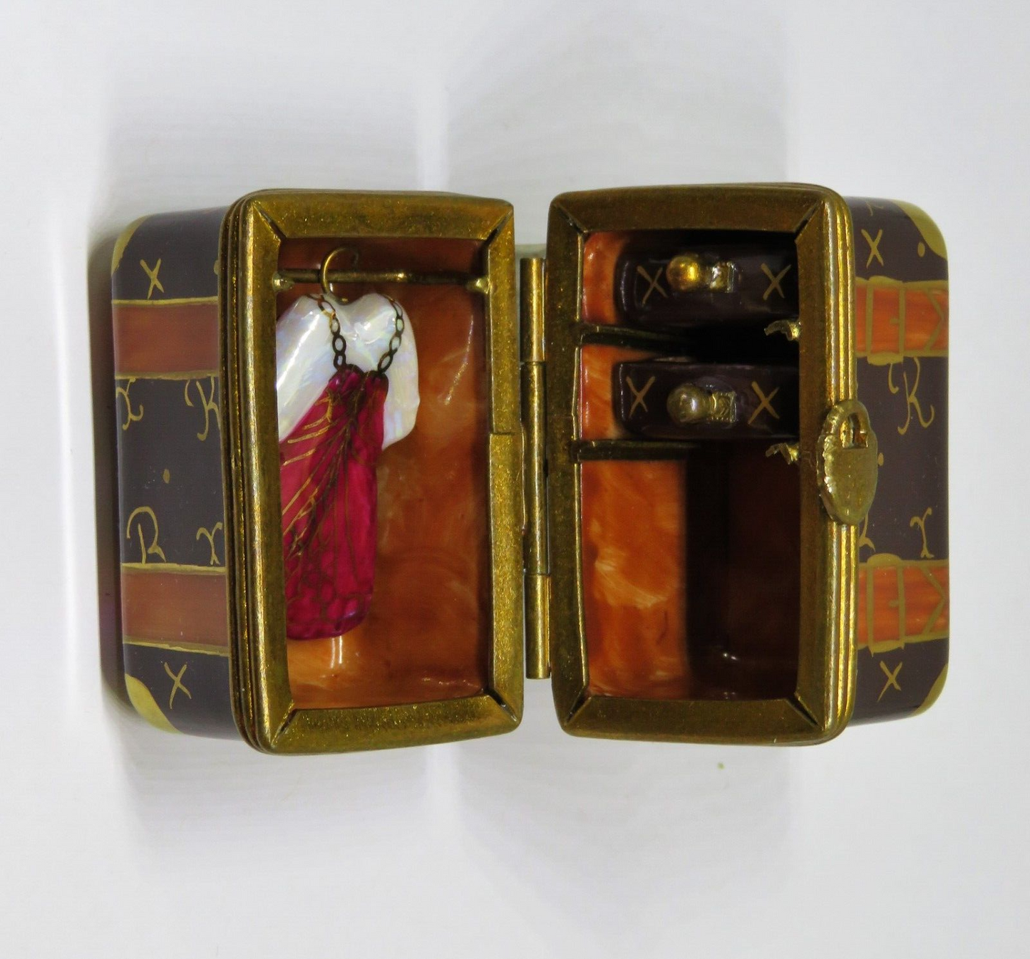 LIMOGES BOX - ROCHARD - DESIGNER STEAMER TRUNK & PADLOCK - DRAWERS & DRESS