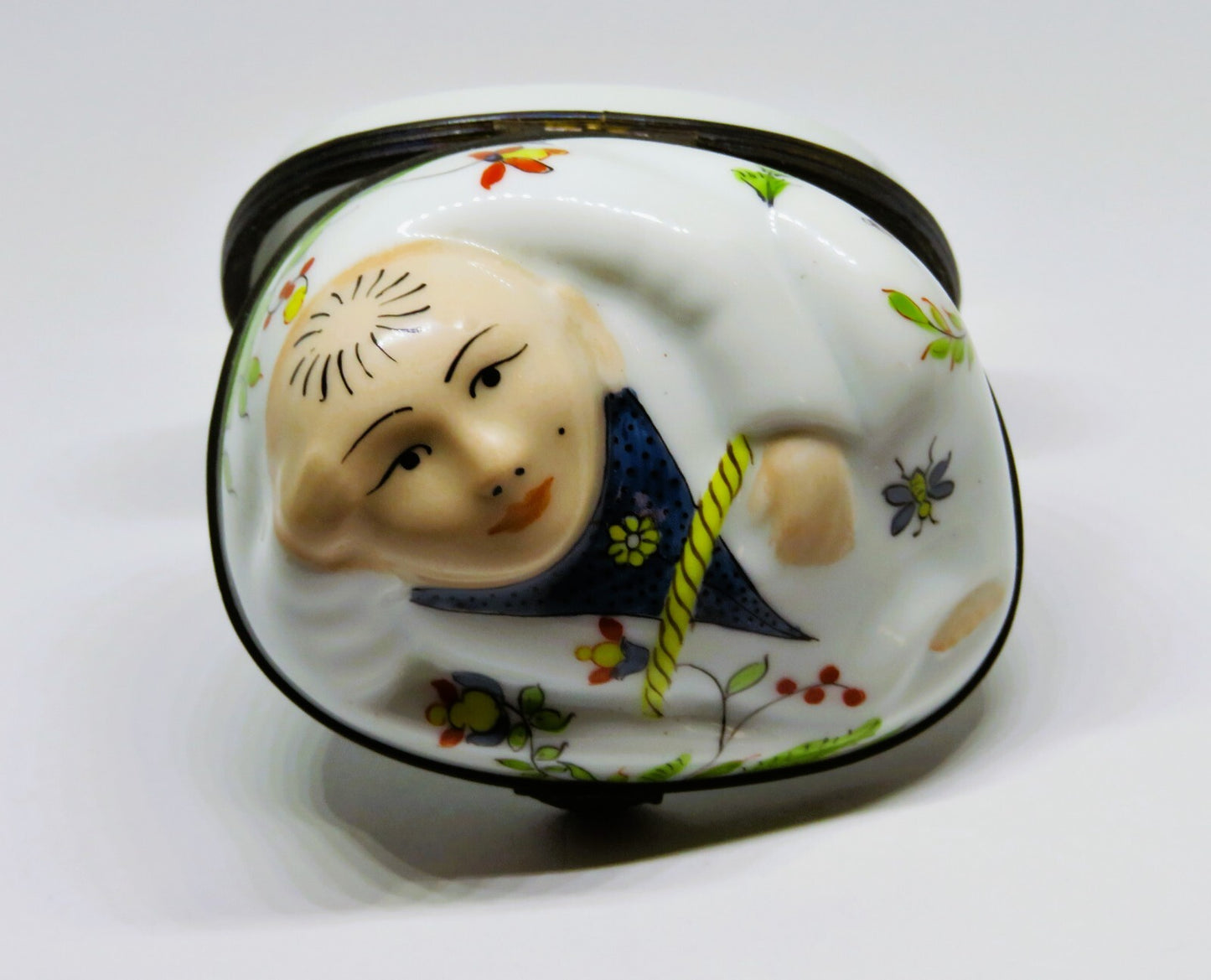 LIMOGES FRANCE BOX - RECLINING BUDDHA - FLOWERS & BUTTERFLY & ASIAN MAN - "MC"