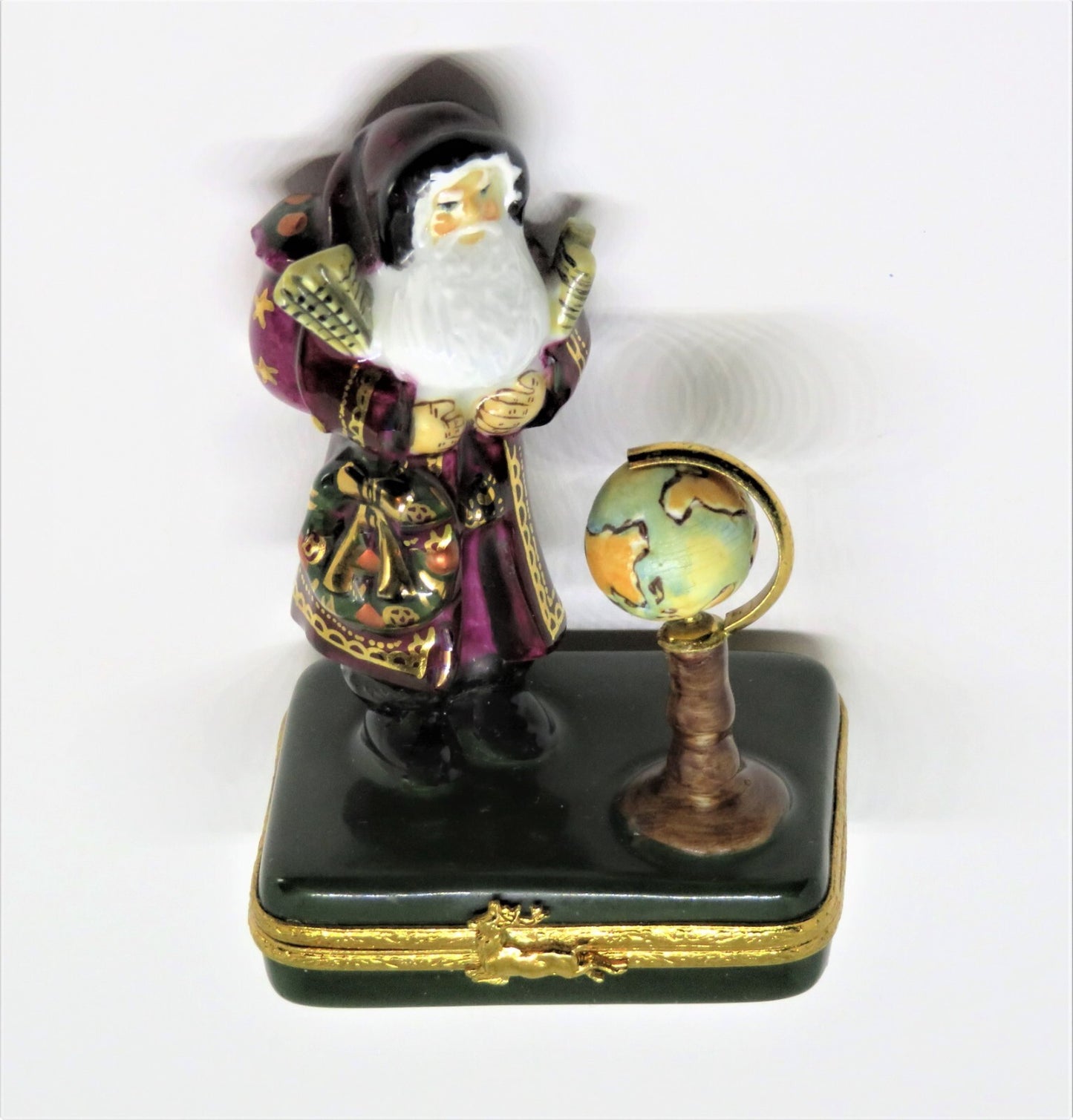 LIMOGES FRANCE BOX- CHRISTMAS - LYNN HANEY - "GLOBE SANTA CLAUS" - MAPS & WREATH