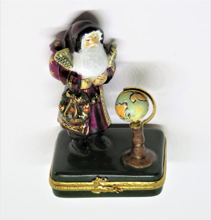 LIMOGES FRANCE BOX- CHRISTMAS - LYNN HANEY - "GLOBE SANTA CLAUS" - MAPS & WREATH