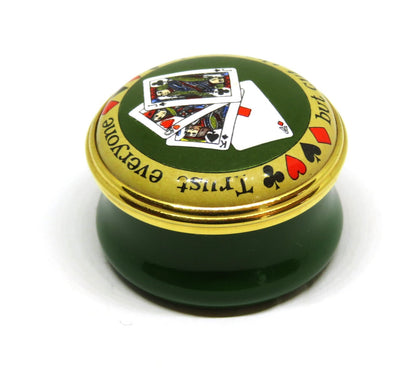 HALCYON DAYS ENGLISH ENAMEL BOX- "TRUST EVERYONE BUT CUT THE CARDS"