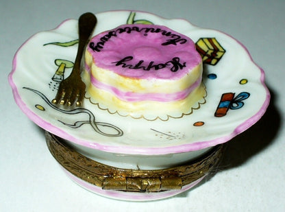 LIMOGES FRANCE BOX- HAPPY ANNIVERSARY CAKE ON PLATE & FORK -CHAMPAGNE & CONFETTI