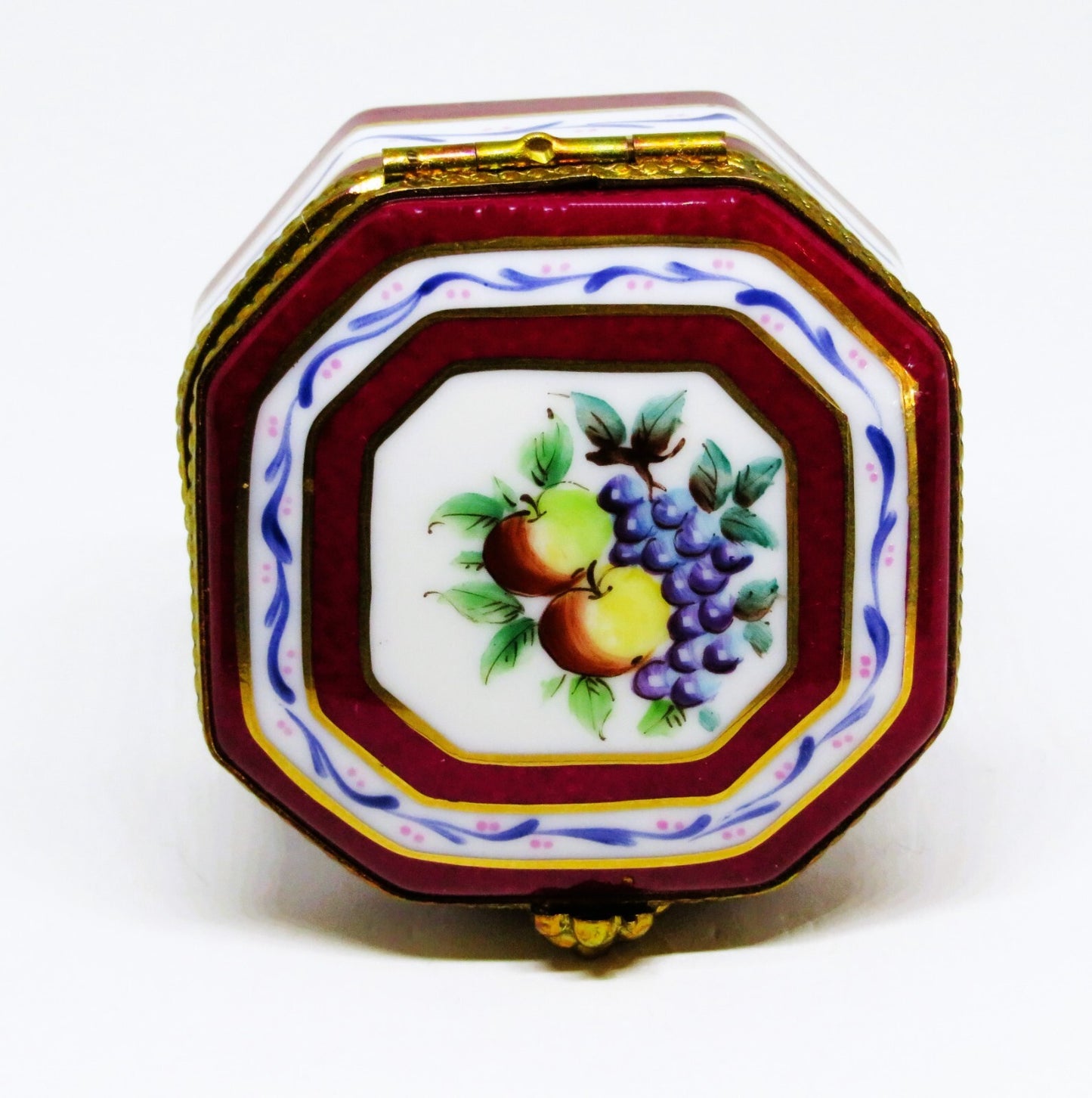 LIMOGES FRANCE BOX ~ BURGUNDY & WHITE OCTAGON - FRUITS - APPLES & GRAPES