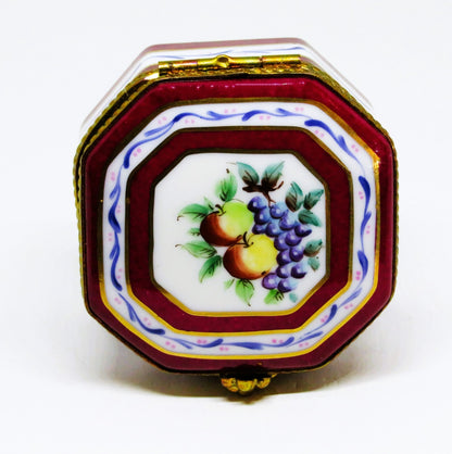 LIMOGES FRANCE BOX ~ BURGUNDY & WHITE OCTAGON - FRUITS - APPLES & GRAPES