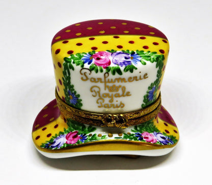 LIMOGES FRANCE BOX - PARIS PARFUMERIE HAT & PERFUME BOTTLE - FLOWERS - ROSES