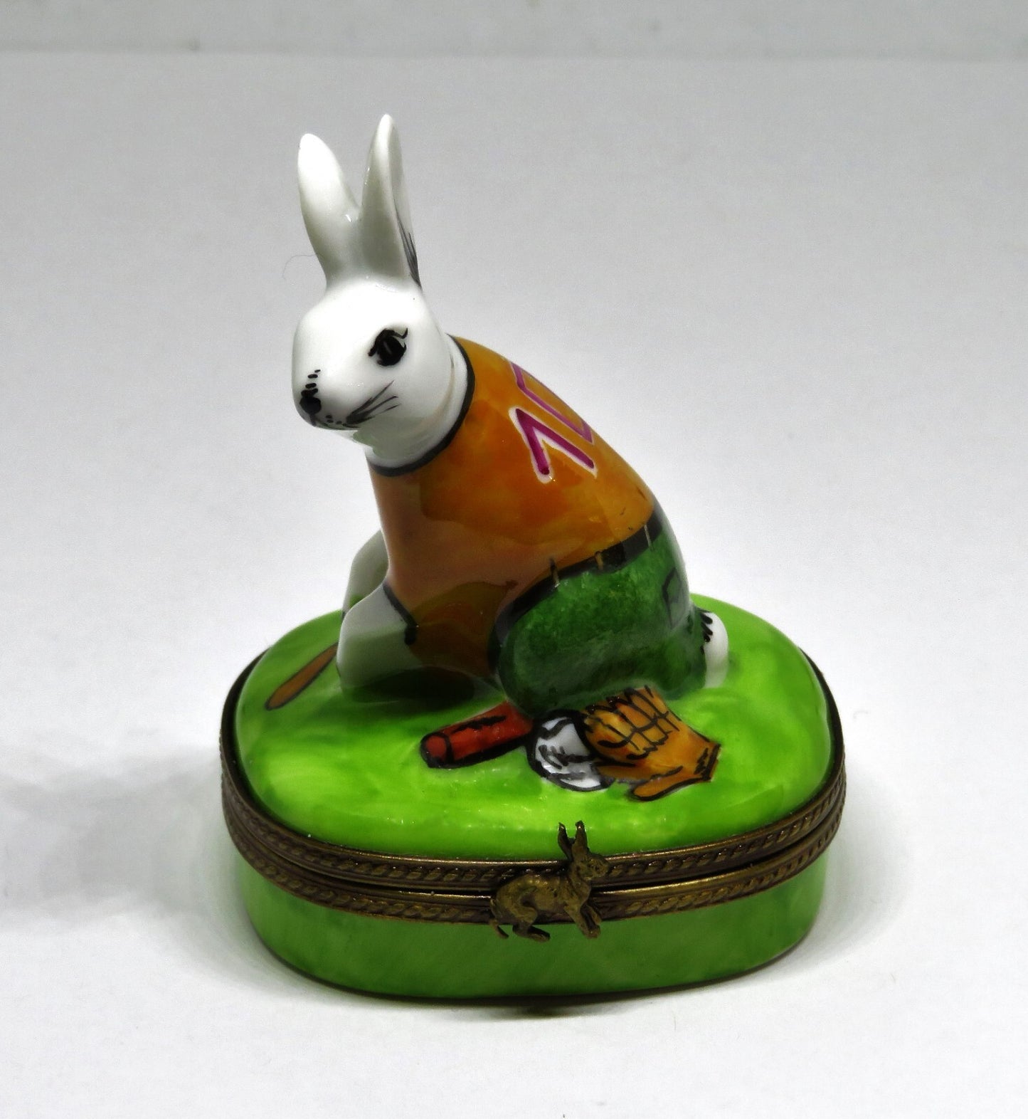 LIMOGES BOX - PARRY-VIELLE - BASEBALL PLAYING BUNNY - RABBIT - BALL & BAT & MITT