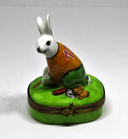 LIMOGES BOX - PARRY-VIELLE - BASEBALL PLAYING BUNNY - RABBIT - BALL & BAT & MITT