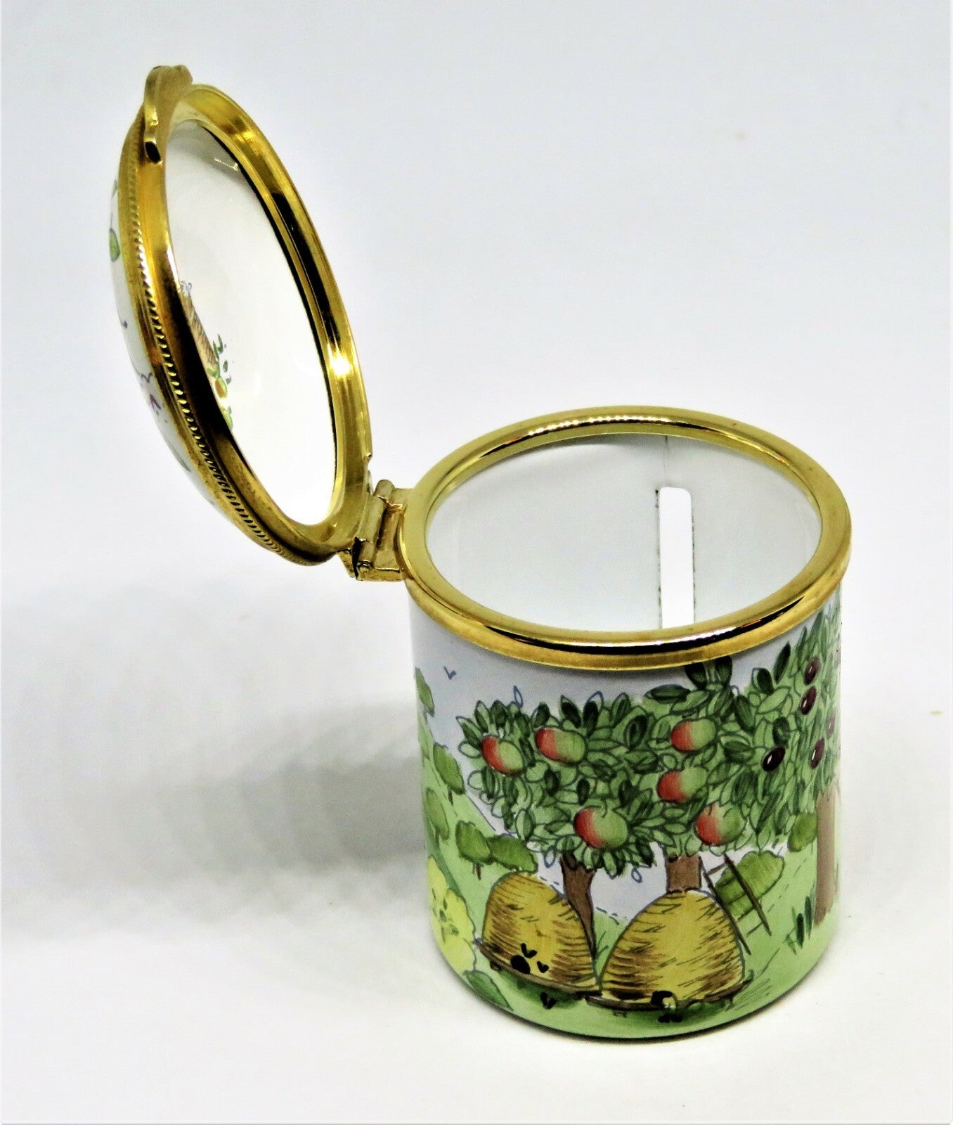 STAFFORDSHIRE ENAMELS STAMP BOX - FRUIT ORCHARD & BEE HIVES - FLOWERS & TREES