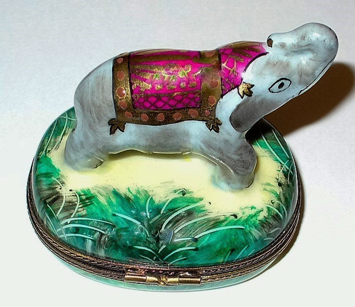 LIMOGES FRANCE BOX -ASIAN ELEPHANT & CEREMONIAL ATTIRE- JUNGLE FOLIAGE & SHRUBS