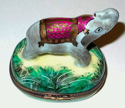 LIMOGES FRANCE BOX -ASIAN ELEPHANT & CEREMONIAL ATTIRE- JUNGLE FOLIAGE & SHRUBS