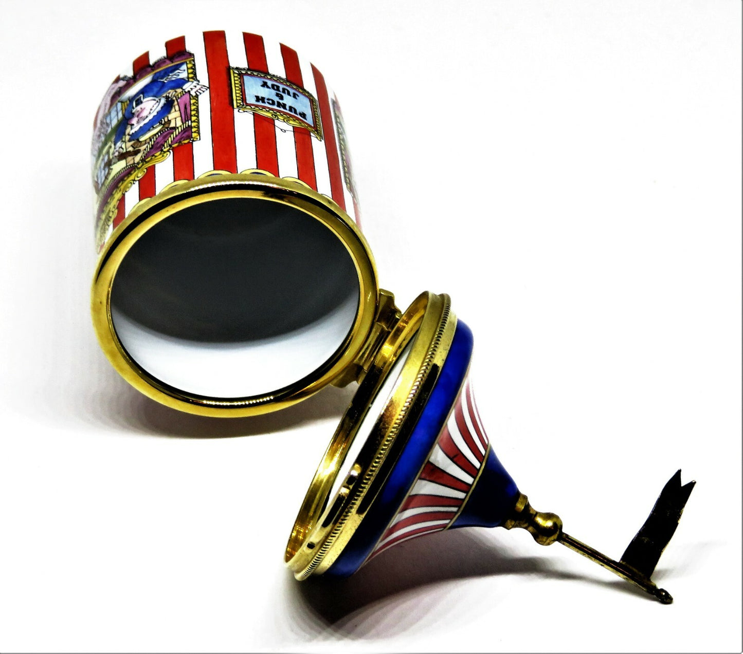 STAFFORDSHIRE ENGLISH ENAMELS BOX - STRIPED TENT WITH PUNCH & JUDY PUPPET SHOW