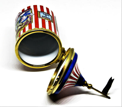 STAFFORDSHIRE ENGLISH ENAMELS BOX - STRIPED TENT WITH PUNCH & JUDY PUPPET SHOW