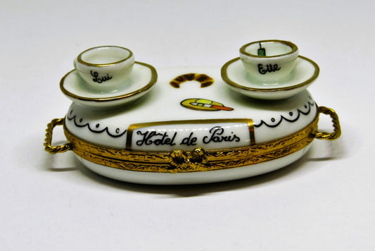 LIMOGES BOX- "HOTEL DE PARIS" BREAKFAST SERVING TRAY - CUPS & CHEESE & CROISSANT