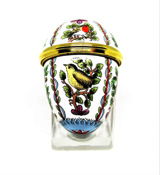 HALCYON DAYS ENAMEL BOX - EGG WITH ROBINS & SPARROWS - BIRDS - BUTTERFLY - MIB
