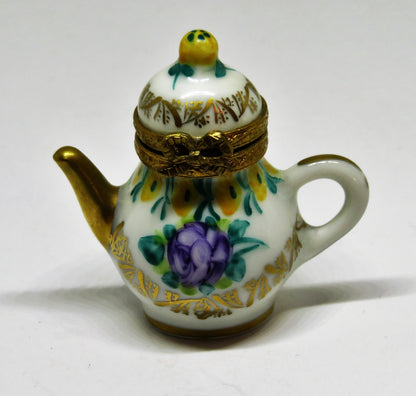 LIMOGES FRANCE BOX~ VINTAGE FLORAL TEAPOT ~ PURPLE ROSES ~ TEA POTS ~ PEINT MAIN