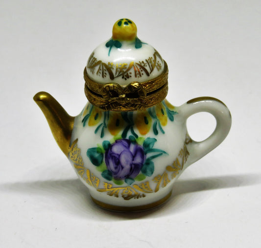 LIMOGES FRANCE BOX~ VINTAGE FLORAL TEAPOT ~ PURPLE ROSES ~ TEA POTS ~ PEINT MAIN