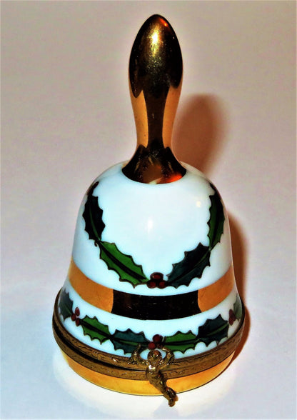 LIMOGES FRANCE BOX~ GOLD & WHITE CHRISTMAS BELL & HOLLY ~ANGEL CLASP~ PEINT MAIN