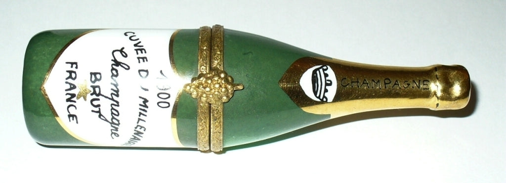LIMOGES FRANCE BOX - CHAMPAGNE BOTTLE & 2 PORCELAIN GLASSES - NEW YEAR'S EVE