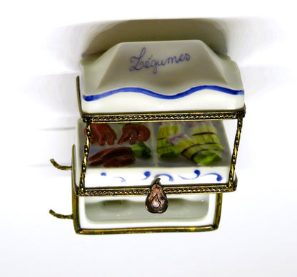 LIMOGES BOX ~ OUTDOOR VEGETABLE STAND ~ PUSHCART & AWNING ~ LEGUMES ~ PEINT MAIN